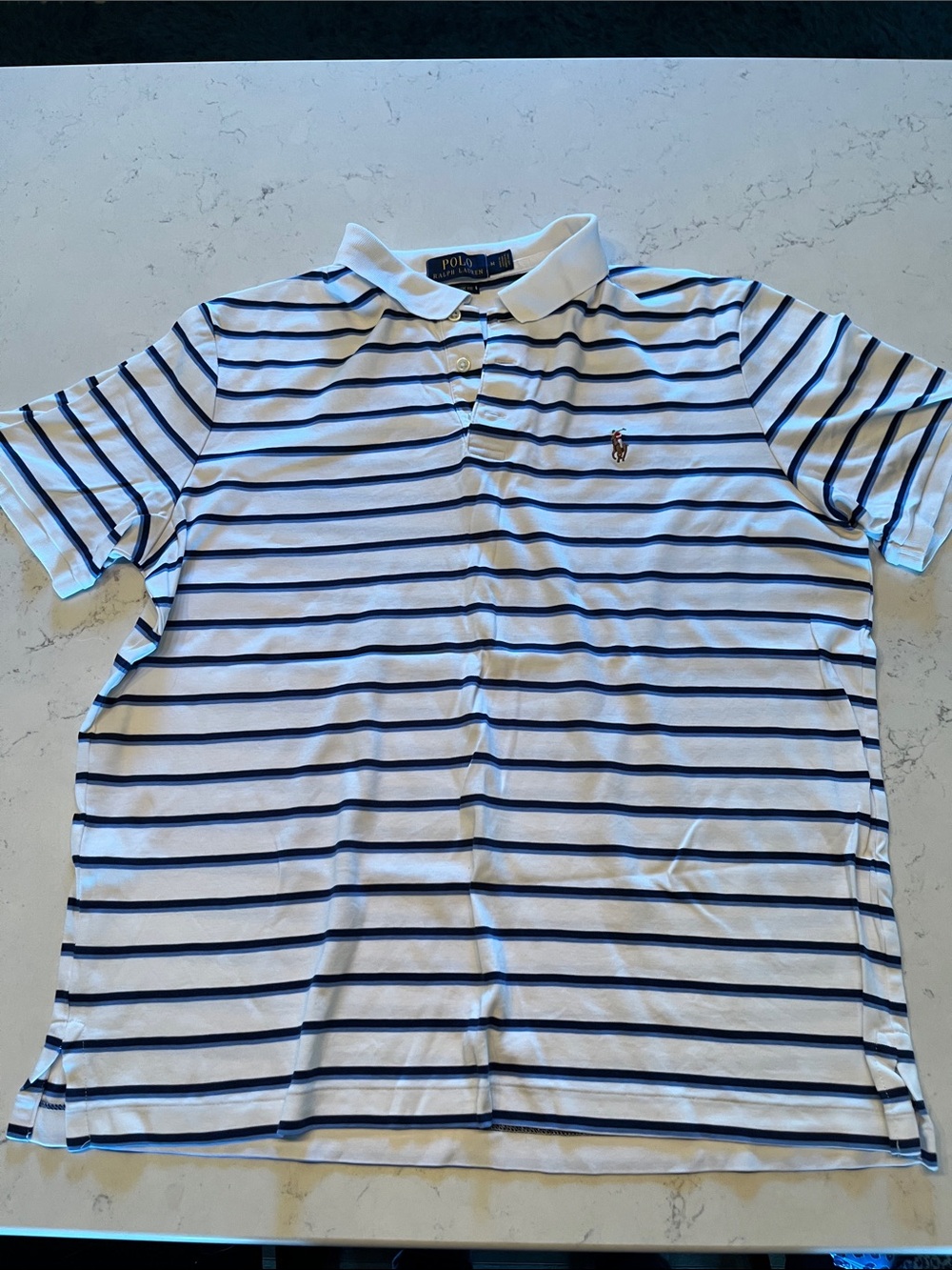 Ralph Lauren White Polo Shirt with Navy Horizontal Stripes
